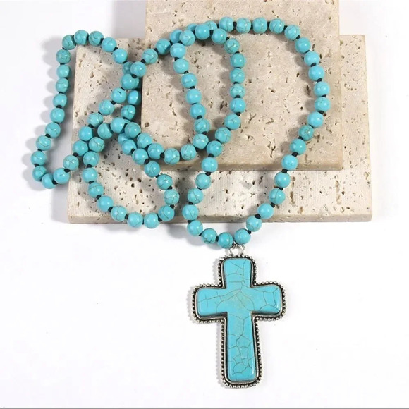 Turquoise Natural Stone Beads Bohemian Western Cross Necklace - Picture 4 of 12